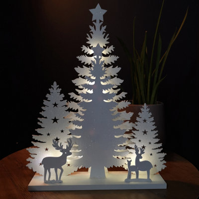 33cm Battery Operated Indoor Wooden Christmas Tree Scene with Warm White LEDs