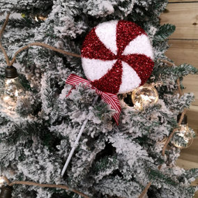 33cm Red and White Swirl Glitter Candy Cane Lollipop Christmas Decoration with Stem