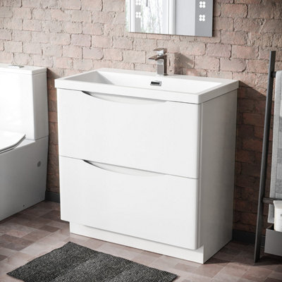 Nes Home Modern 800mm Freestanding Gloss White Basin Vanity Sink 2 Drawer from B&Q