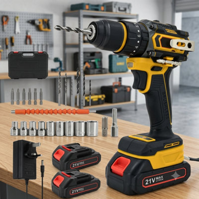  - Brushless Cordless Combi Drill Impact Driver  21V Screwdriver Kit2 Batteries And Bit Set