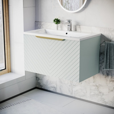 Nes Home 800mm Wall Hung Green Drawers Basin Vanity Brushed Brass Handle from B&Q