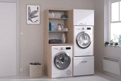 Parisot Laundry Room Storage Cabinet For Two Washing Machines Or Dryer With Cupboards & Shelves -White Oak from B&Q