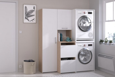 Parisot Stacked Utility Room Laundry Cabinet For Two Washing Machine Or Dryer With Cupboards And Storage ColumnWhite Oak Effect from B&Q