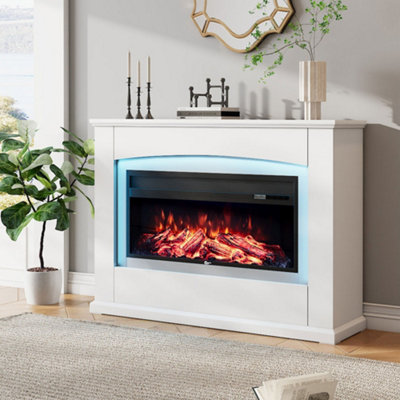 34inch Electric Fireplace with White Wooden Mantel 12-colour Adjustable Flame Display