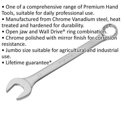 34mm Extra Large Combination Spanner - Durable Open Ended & 12 Point Metric Ring Wrench