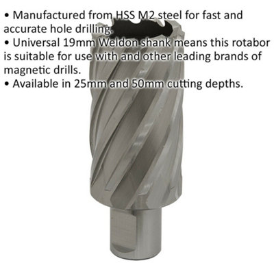 34mm x 50mm Depth Rotabor Cutter - M2 Steel Annular Metal Core Drill 19mm Shank