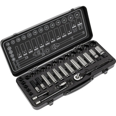 34pc BLACK SERIES Deep Socket & Ratchet Handle Set -3/8" Sq Drive 6 Point Metric