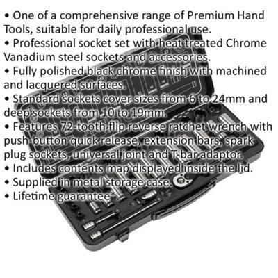 34pc BLACK SERIES Deep Socket & Ratchet Handle Set -3/8" Sq Drive 6 Point Metric