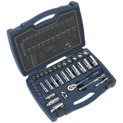 34pc PREMIUM Deep Socket & Ratchet Handle Set 3/8" Square Drive 12 ...