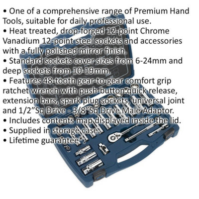 34pc PREMIUM Deep Socket & Ratchet Handle Set 3/8" Square Drive 12 Point Metric