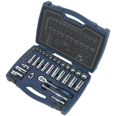 34pc PREMIUM Deep Socket & Ratchet Handle Set 3/8" Square Drive 12 Point Metric