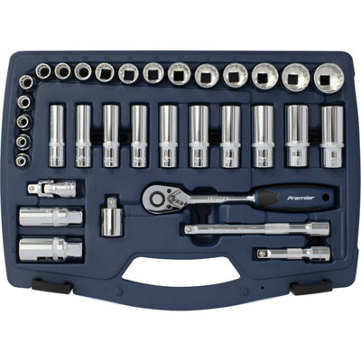 34pc PREMIUM Deep Socket & Ratchet Handle Set 3/8" Square Drive 12 Point Metric