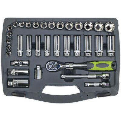 34pc PREMIUM Deep Socket & Ratchet Handle Set - 3/8" Square Drive 6 Point Metric