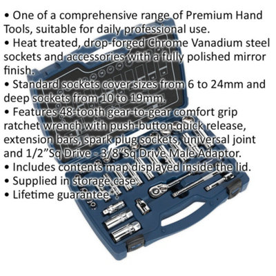 34pc PREMIUM Deep Socket & Ratchet Handle Set 3/8" Square Drive 6 Point Metric