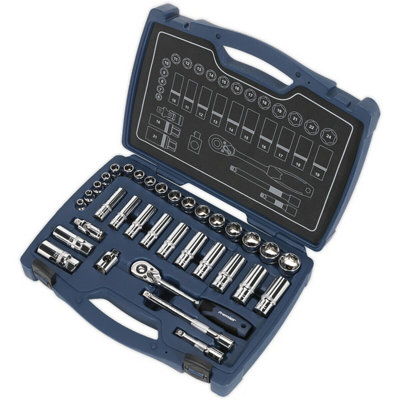 34pc PREMIUM Deep Socket & Ratchet Handle Set 3/8" Square Drive 6 Point Metric