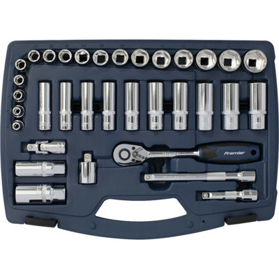 34pc PREMIUM Deep Socket & Ratchet Handle Set 3/8" Square Drive 6 Point Metric