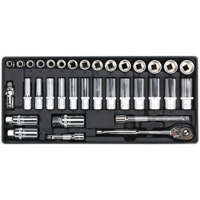 35 Piece Premium 3/8 Inch Square Drive Socket Set with Modular Tool Tray for Efficient Tool Storage
