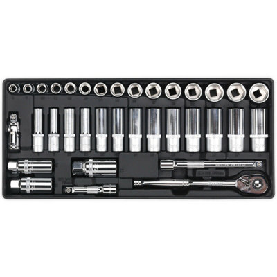 35 Piece Premium 3/8 Inch Square Drive Socket Set with Modular Tool Tray for Efficient Tool Storage