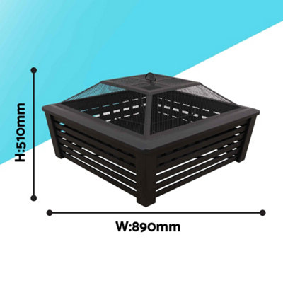 35" Square Outdoor Fire Pit, Mesh Screen Lid, Black - DG43