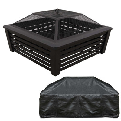 35" Square Outdoor Fire Pit, Mesh Screen Lid, Black with Water