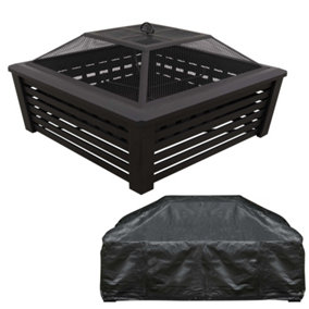 35" Square Outdoor Fire Pit, Mesh Screen Lid, Black with Water Resistant Drawstring Cover - DG238