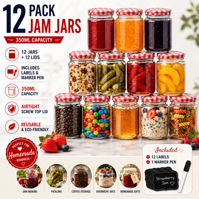 350ml Jam Jars Round with Red Gingham Airtight Screw Top Lids for with ...