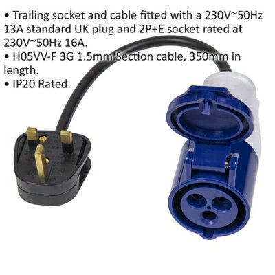350mm Trailing Socket & Cable Set - 13A UK Plug & 16A 2P+E Plug Socket - 230V