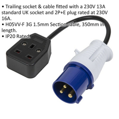 350mm Trailing Socket & Cable Set - 13A UK Plug Socket & 16A 2P+E Plug - 230V