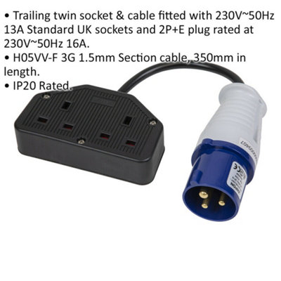 350mm Trailing Socket & Cable Set - 2 x 13A UK Plug Socket & 16A 2P+E Plug