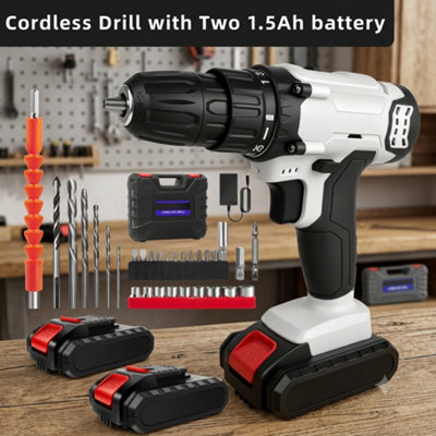  - 21V Cordless Power Drill Combi Driver Kit2-Speed Electric Screwdriver With 2 Batteries & 29Pcs Drill/driver BitsWhite