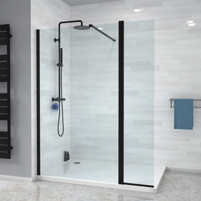 B&Q -  Wet Room 1200 Shower 8mm Tempered Glass Screen With 300mm Flipper Panel Black