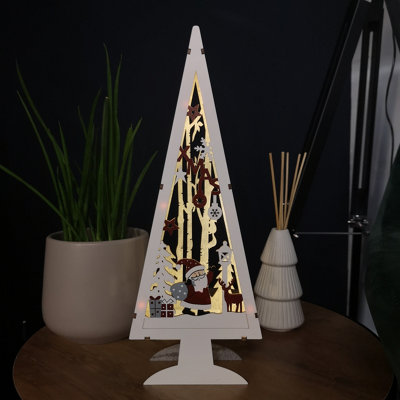 35cm Battery Operated Wooden Lit Tree with Santa Scene Christmas Decoration