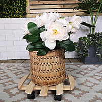 35cm Round Wooden Garden Plant Pot Flower Trolley Stand on Wheels