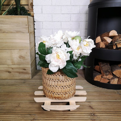 35cm Round Wooden Garden Plant Pot Flower Trolley Stand on Wheels - 4
