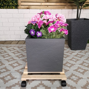 35cm Square Wooden Garden Plant Pot Flower Trolley Stand On Wheels