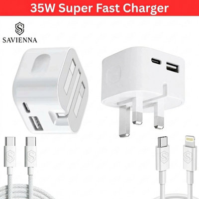 35W Dual Port PD Fast Charger Plug 1M Cable for iPhone USB C