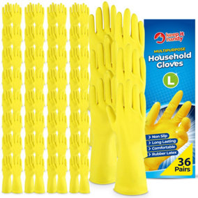 36 Pairs Bulk Household Rubber Gloves Large - Yellow Large Gloves ,  Washing Up Gloves Large, Non Slip Cleaning Gloves