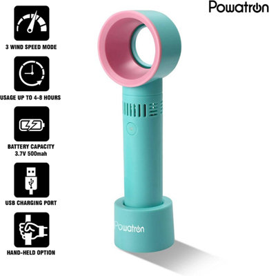 360 Degree Bladeless Fan Hand Held Desktop Mini Portable USB Rechargeable Green / Pink - 5