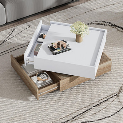 360 Degree Rotating Coffee Table with 2 Drawer, Wooden 2-Tier Center Side Table, Oak