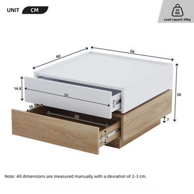 360 Degree Rotating Coffee Table with 2 Drawer, Wooden 2-Tier Center Side Table, Oak