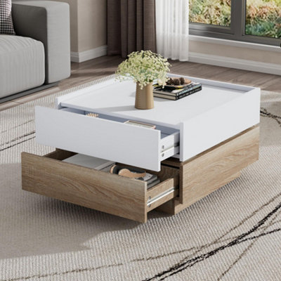 360 Degree Rotating Coffee Table with 2 Drawer, Wooden 2-Tier Center Side Table, Oak