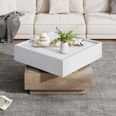 360 Degree Rotating Coffee Table with 2 Drawer, Wooden 2-Tier Center Side Table, Oak