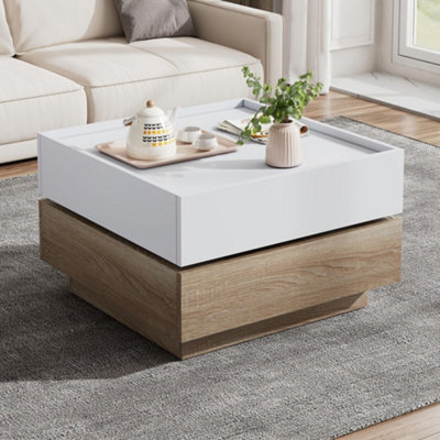 360 Degree Rotating Coffee Table with 2 Drawer, Wooden 2-Tier Center Side Table, Oak