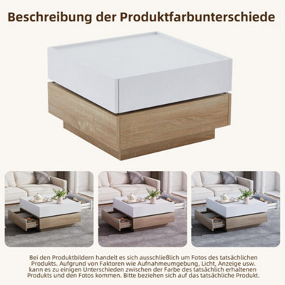 360 Degree Rotating Coffee Table with 2 Drawer, Wooden 2-Tier Center Side Table, Oak