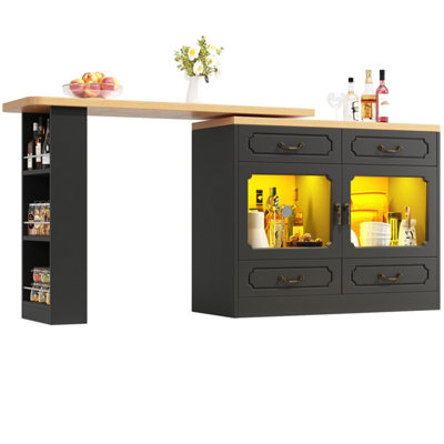 360 Degree Rotating Extendable Bar Table with Storage & LED Lighting - Black Wood Effect