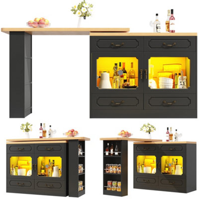 360 Degree Rotating Extendable Bar Table with Storage & LED Lighting - Black Wood Effect