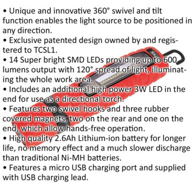 360 degree Swivel Inspection Light - 14 SMD & 3W SMD LED - Rechargeable - Red