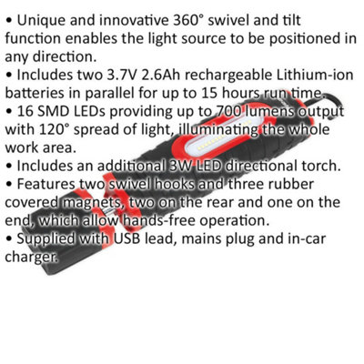 360 degree Swivel Inspection Light - 14 SMD & 3W SMD LED - Twin Battery - Black