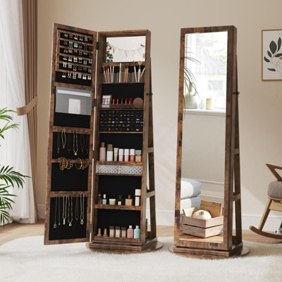 360 Degree Swivel Mirror Jewelry Cabinet, Standing Lockable Jewelry Armoire Organizer with Full Length Mirror, Brown