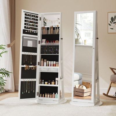 360 Degree Swivel Mirror Jewelry Cabinet, Standing Lockable Jewelry Armoire Organizer with Full Length Mirror, White